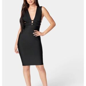 Bebe Black and Gold Ribbed Bodycon Dress